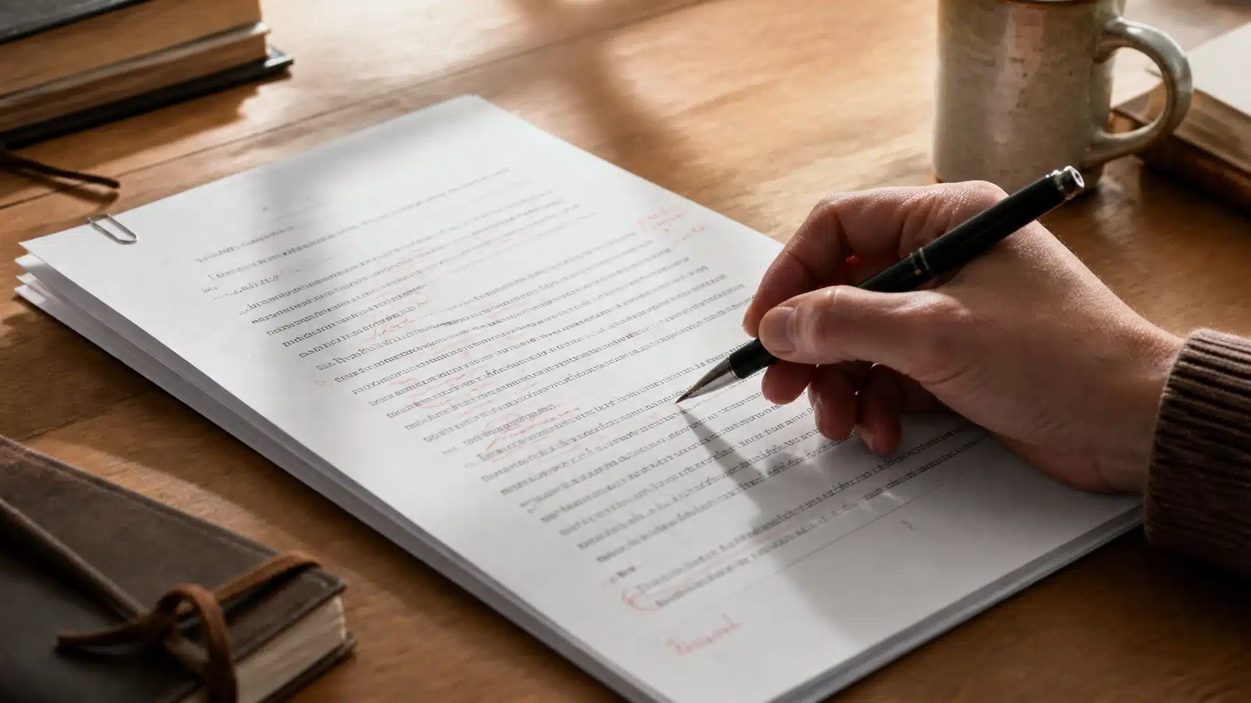 A close up of a hand with a pen reviewing a printed manuscript on a clean wooden desk in soft natural daylight - The Governance of Intent: How to Avoid the ‘Drift Tax’ of Autonomous AI Agents