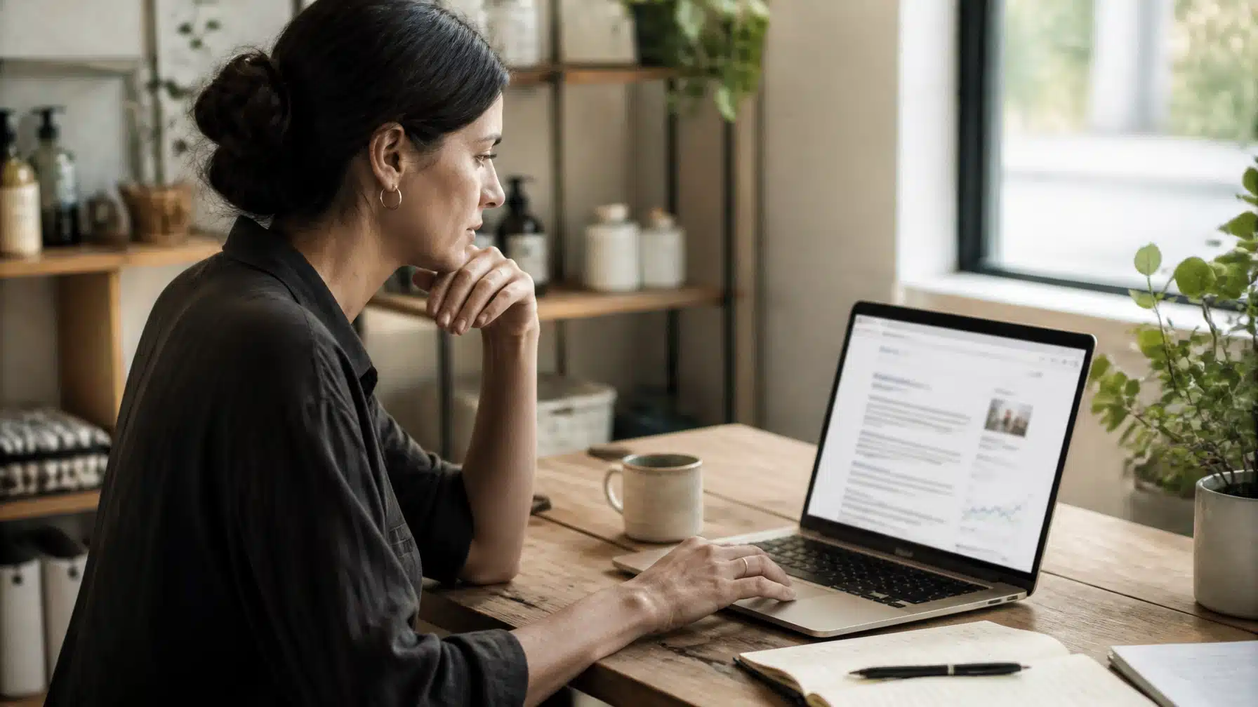 Focused consultant in a calm workspace using a laptop with AI search insights representing Answer Engine Optimization - Why Answer Engine Optimization Will Change the Way Your Service Business Gets Found